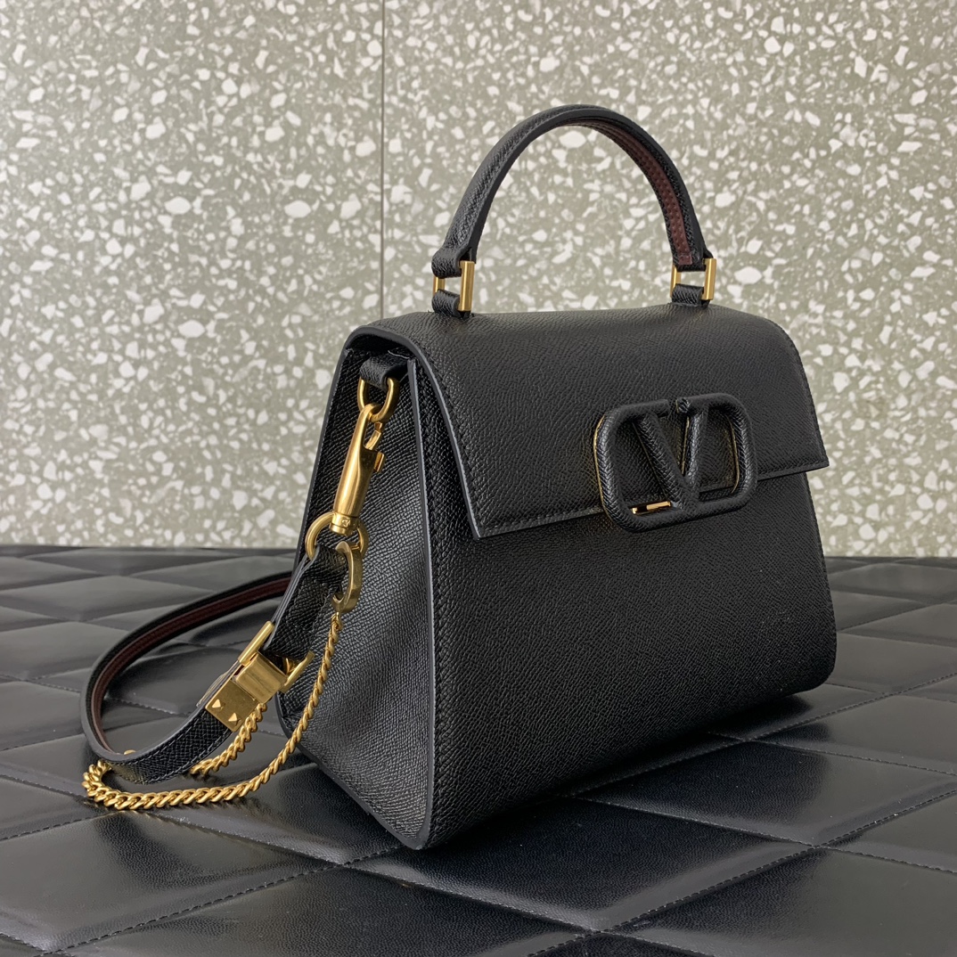 Valentino Garavani Vsling Small Handbag in Black Grainy Calfskin 